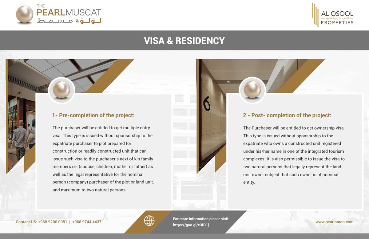 PearlMuscat's tweet photo. Get a glimpse on the visa &amp; residency privileges of The Peal Muscat!
#pearlmuscat #thepearlmuscat #apartments #realestate #home #realestategoals #dreamhome #omanrealestate #realestateprofessionals #apartmentsforsale #luxury #luxuryrealestate #moderndesign #omani #muscat #oman https://t.co/jRxIbli3cc