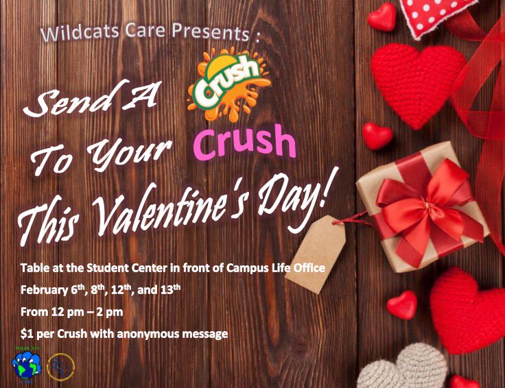 Send A Crush To Your Crush This Valentines Day! 💕
For $1 you can send an anonymous message and a Crush Soda to your crush. We will be tabling in the Student Center February 6th, 8th, 12th, and 13th from 12-2 pm.
If you have any questions please feel free to contact us!