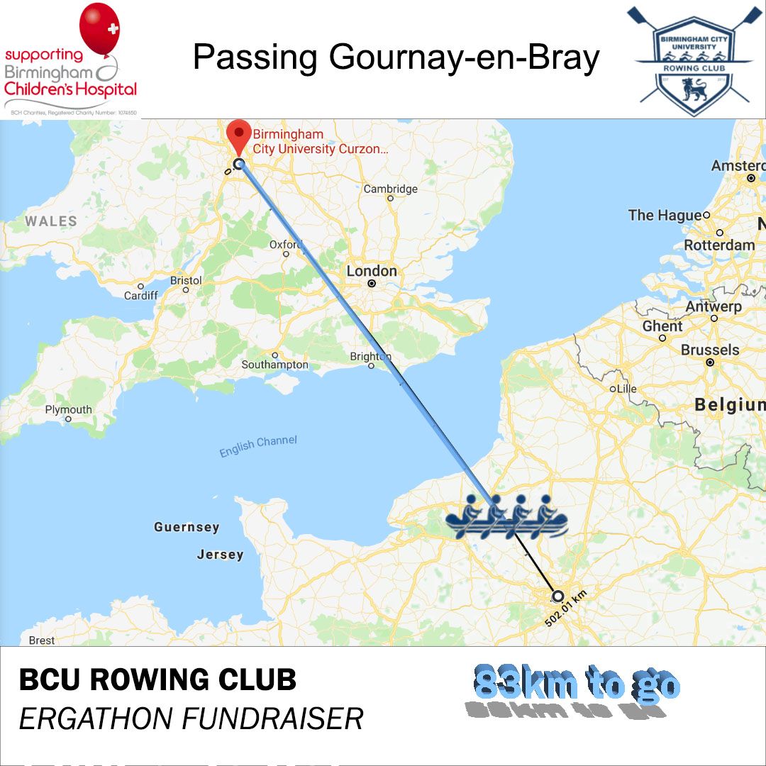 BcuRowing's tweet photo. Just at Gournay-en-Bray, under 80km left of the challenge. Such a great effort from all our rowers. If you want to donate to us click here, we are splitting the funds with @Bham_Childrens and our club! 

https://t.co/vvKMoJzV6M 

@BCUSport @MyBCU @BCUPressOffice @TeamBCU https://t.co/pOC7EfYHIv