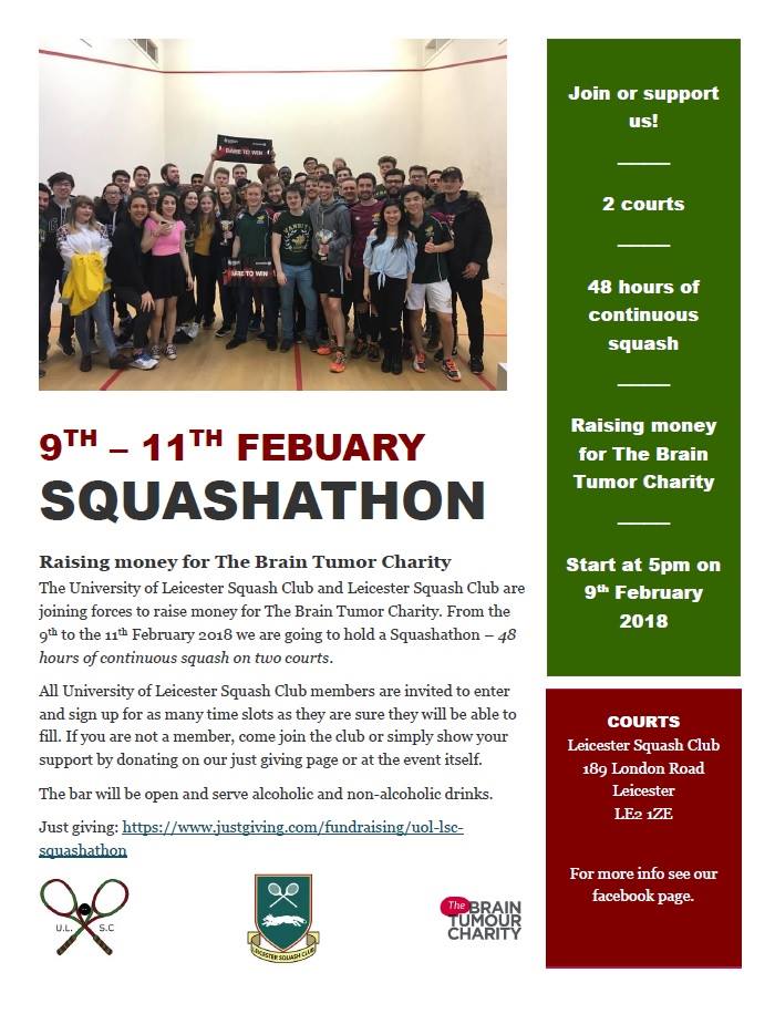 UoLSquash's tweet photo. Together with @LeicesterSquash we are playing #squash for 48 hours this coming weekend in order to raise money and awareness for @BrainTumourOrg! Please support us by sharing, donating and visiting (all proceeds from raffle and bar go to @Sunshine4Sumner!) https://t.co/nZtk7cJZ61 https://t.co/4mmDuXlNau