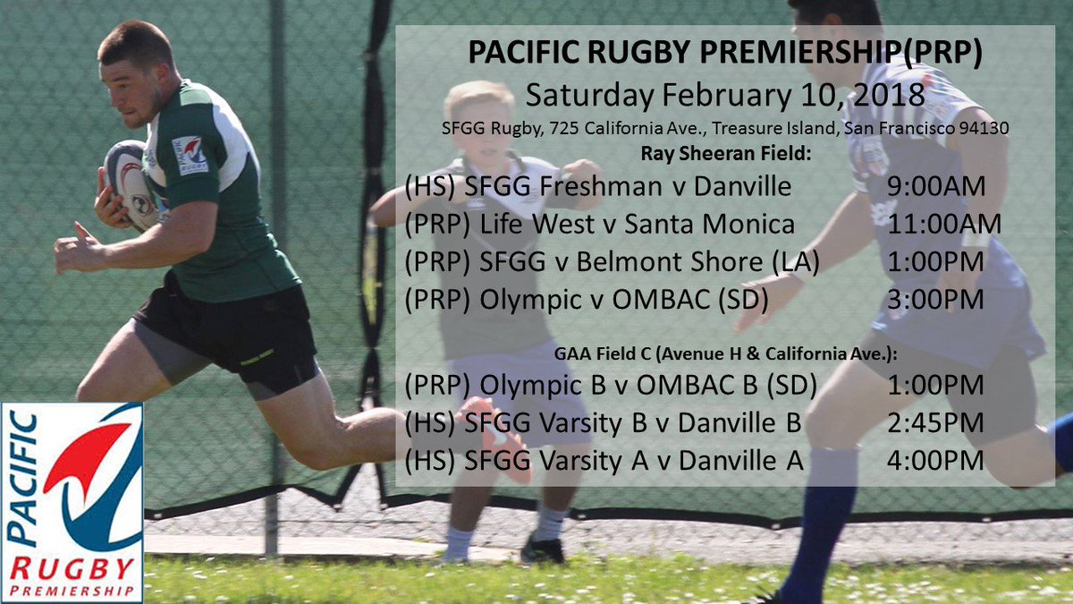SATURDAY FEB 10 - <a href="/PacRugbyPrem/">Pacific Rugby Prem</a> (PRP) 2018 Season opener with all 6 teams at <a href="/SFTIDA/">Treasure Island 🌴</a>: 11AM - @gladiatorrugby v <a href="/SaMoRugbyClub/">Santa Monica Rugby</a> , 1PM - <a href="/sfggrugby/">SFGG Rugby</a> v <a href="/BelmontShoreRFC/">BelmontShoreRFC</a> , 3PM - <a href="/OlyClubRugby/">Olympic Club Rugby</a> v @ombac_rugby , PLUS 3 SFGG High School teams host Danville Oaks in <a href="/RugbyNorCal/">Rugby NorCal</a> opener