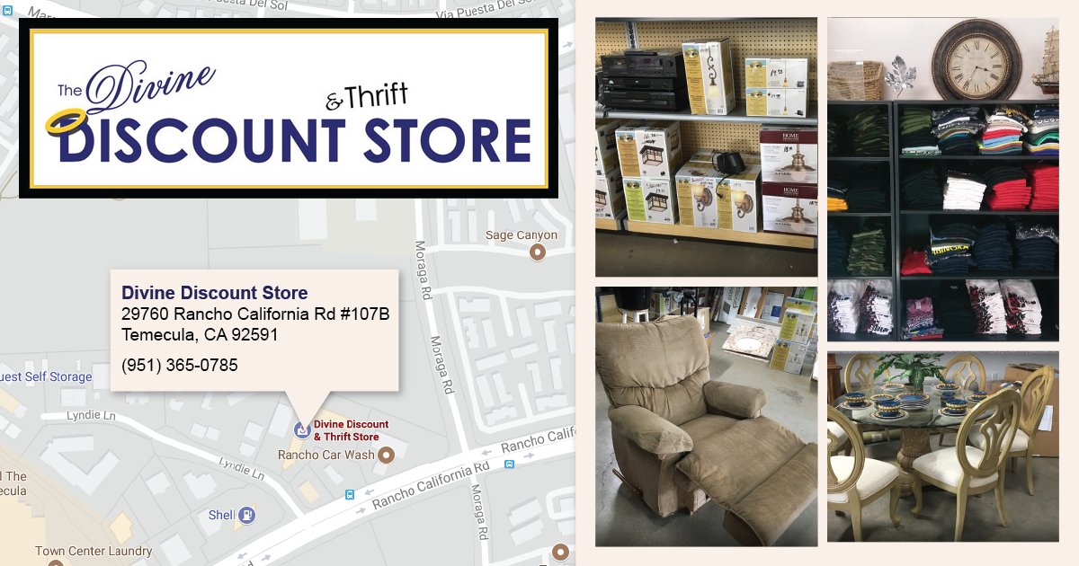 ProjectTOUCH's tweet photo. SHOP &amp; HELP! 29760 Rancho California Rd #107B, Temecula, CA 92591 open Mon-Sat, 10am–6pm Every dollar spent goes directly to help those in need right here in the valley #projecttouchonline #temecula #cause #shelter #homeless #divinediscountstore https://t.co/tgDJJp9t5w