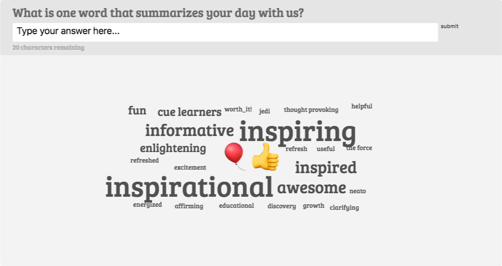 CUESanFrancisco's tweet photo. Thank you to all who attended our 3rd Annual Bridge2Tech Innovation Summit! Here are what our educators had to share about their day with us :-) AnswerGarden: What is one word that summarizes your day with us? https://t.co/pegtgGNfTf #Bridge2Tech @cueinc @SFUSDdot @KQEDedspace https://t.co/QaAUxAHrgx