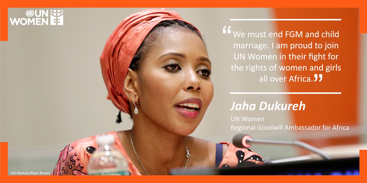 UN_Women's tweet photo. Meet our newest Regional Goodwill Ambassador @JahaEndFGM! Jaha will support UN Women’s advocacy to #endFGM and child marriage in Africa, with a focus on mobilizing youth. https://t.co/HMBzbe0e05 @unwomenafrica https://t.co/N9oSd8TqZV