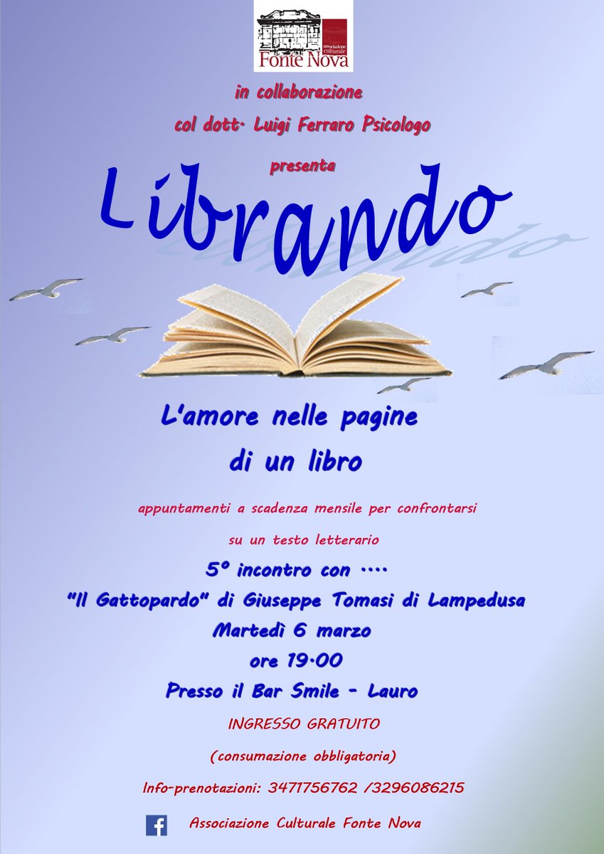 TildeLuna's tweet image. Torna l'appuntamento con #Librando, iniziativa di @FonteNovaAss che mira a incentivare la #lettura. Il testo prescelto per il prox incontro è #IlGattopardo. Per partecipare basta leggere e aver voglia di condividere le proprie sensazioni. Vi aspettiamo!