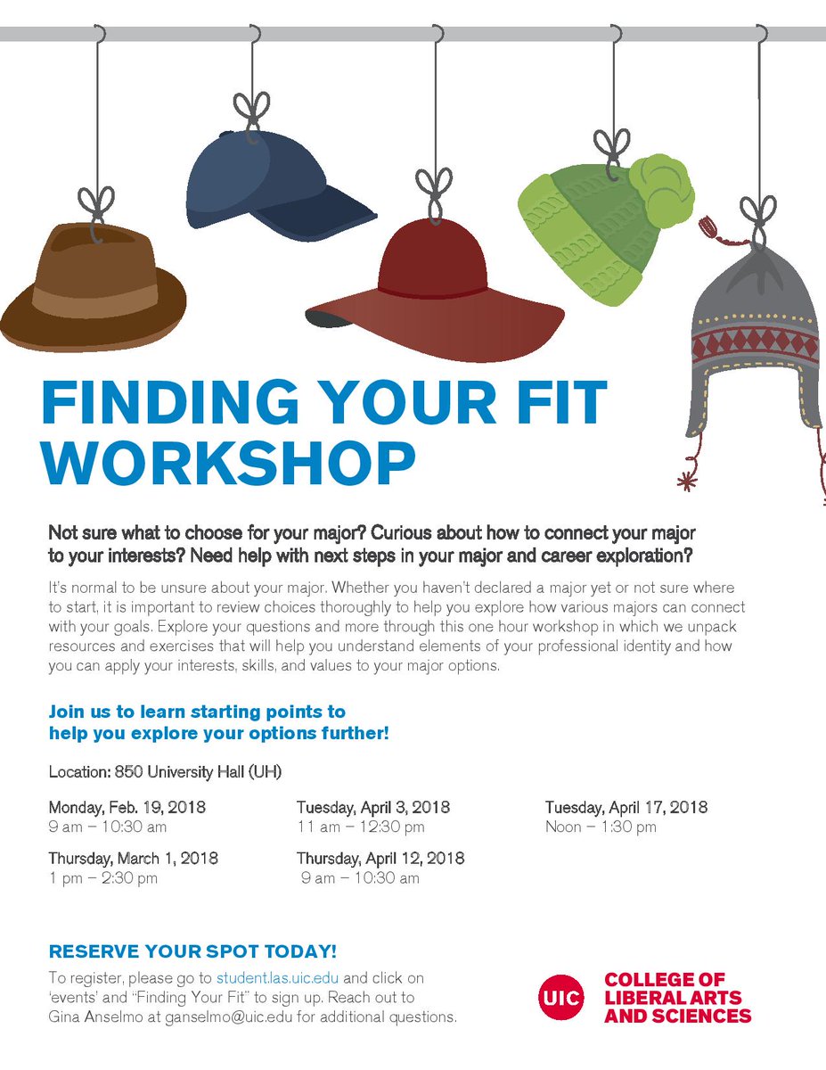UICLAS's tweet photo. #UICLAS students are invited to "Finding Your Fit" workshops beginning February 19th! Dates run through April and the events are a great way to explore majors and careers. Be sure to RSVP and join! #careergoals #mymajor #studentsuccess https://t.co/pxs7OTEiy9