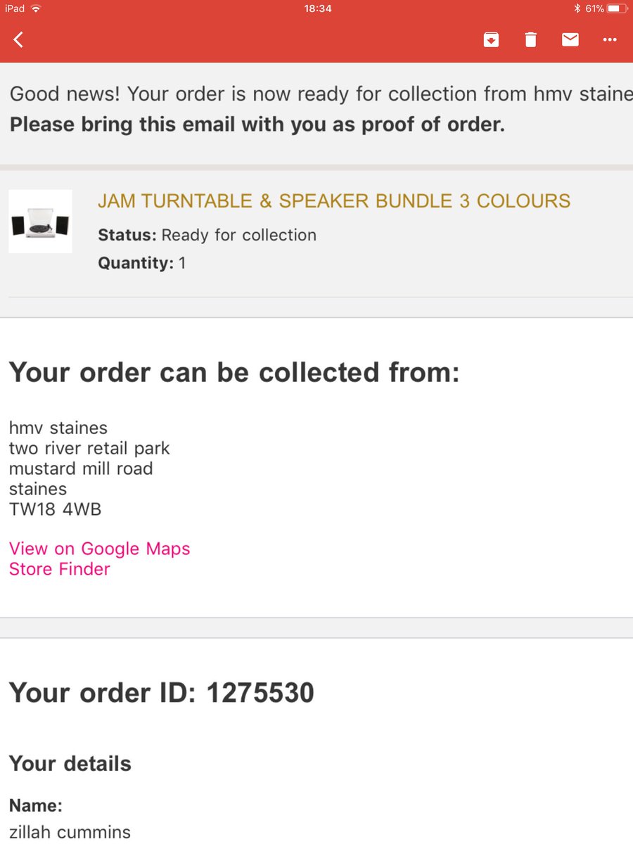 IanWhite70's tweet photo. @hmvUKHelp I emailed website.service@hmv.co.uk ref faulty speakers on Jam turntable but no one replies. Can u help please? Order no. Below. https://t.co/rJvNFQZTwC