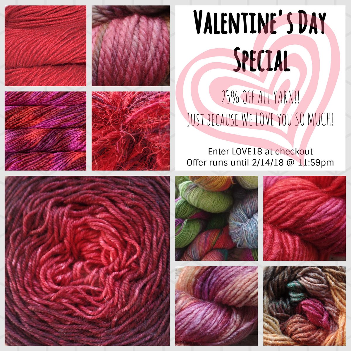 SuziYarn's tweet photo. Valentine's Day Special! 25% off ALL YARN! @SuziYarn #loveisintheair #loveknitting #yarnlove https://t.co/kZnNkcBftU