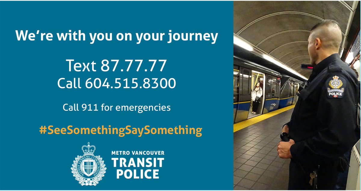 TransitPoliceBC's tweet photo. Need Transit Police on your transit journey? Call 604.515.8300 or text 87.77.77 (call 911 in an emergency). We can't take reports over social media and our accounts aren't monitored 24/7. #TextDontTweet https://t.co/ohchiRMQqW