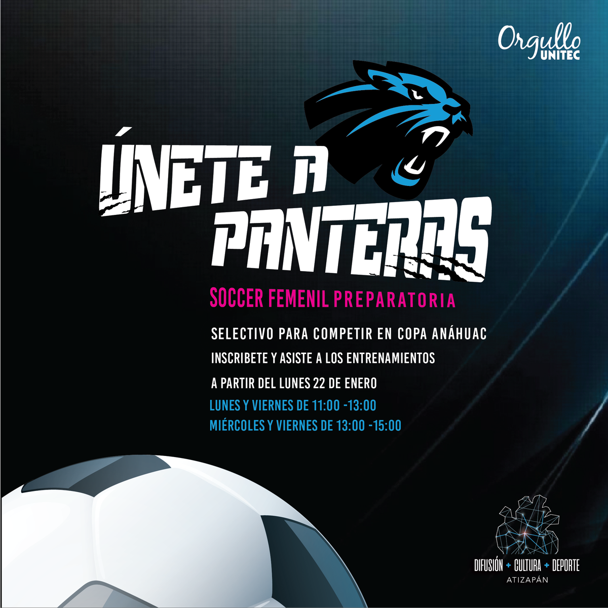 UNITECMX's tweet photo. ¿Quién dice que el fútbol soccer no es para niñas?
Únete al equipo femenil, podrías participar en un torneo contra las mejores universidades. https://t.co/Cdp62hDhTg