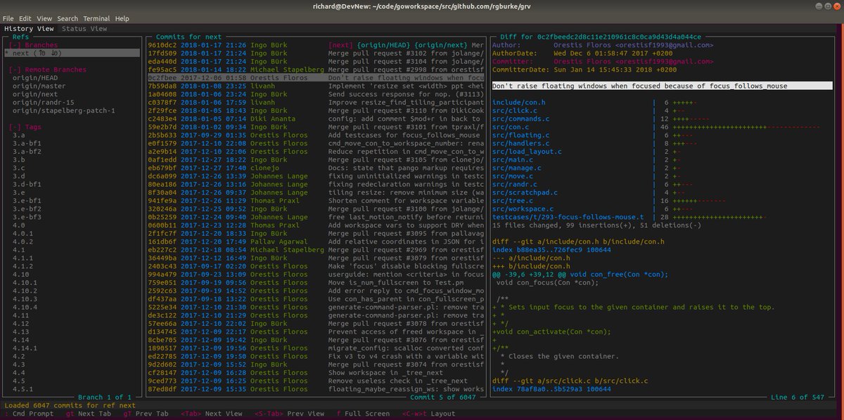 bitfield's tweet image. “GRV is a highly-customisable, terminal-based interface for viewing Git repos. It allows refs, commits and diffs to be viewed, searched and filtered with a query language.” github.com/rgburke/grv