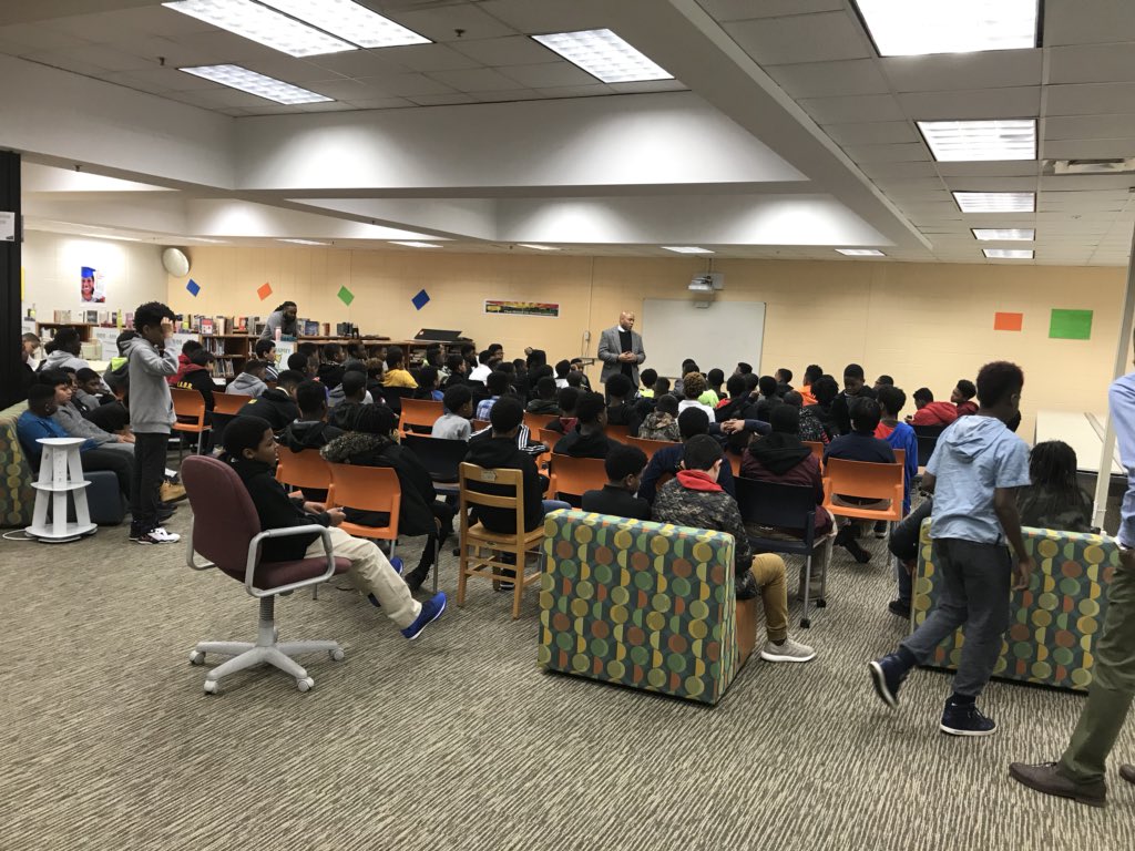 Principal <a href="/JarvisAdamsEdu/">Jarvis Adams</a> getting to know the 6th grade boys. #buildingrelationships #thecampcreekway #6thgraderocks