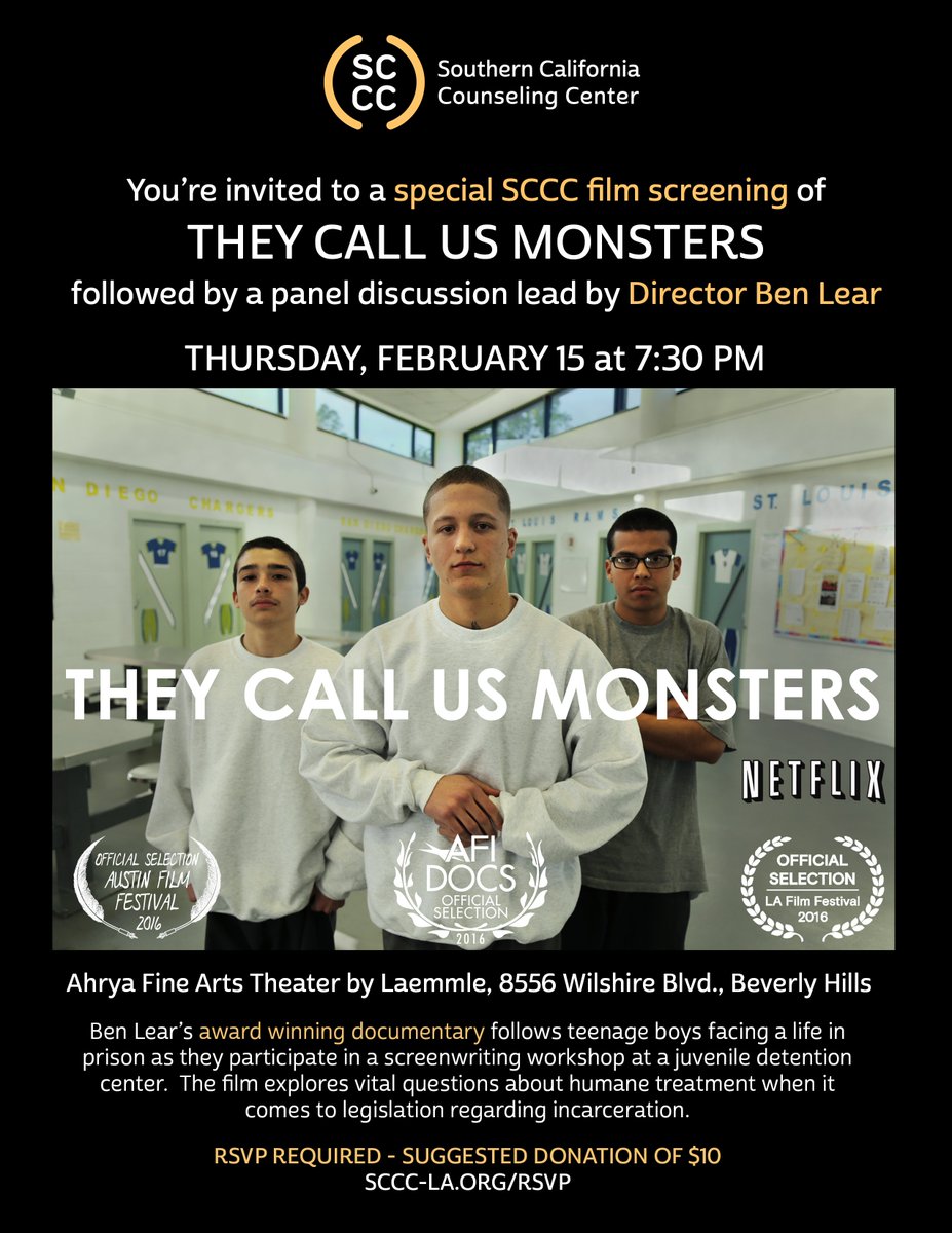 socalcounseling's tweet photo. Join us for a special screening of the award winning documentary They Call Us Monsters @TCUMonstersDoc at the @ahryafinearts on Thursday Feb. 15th at 7:30pm! After the film there will be a panel discussion with director @Benjaminlear.  RSVP required >> https://t.co/W3uyULBeVq https://t.co/lEHCFbd2Gz
