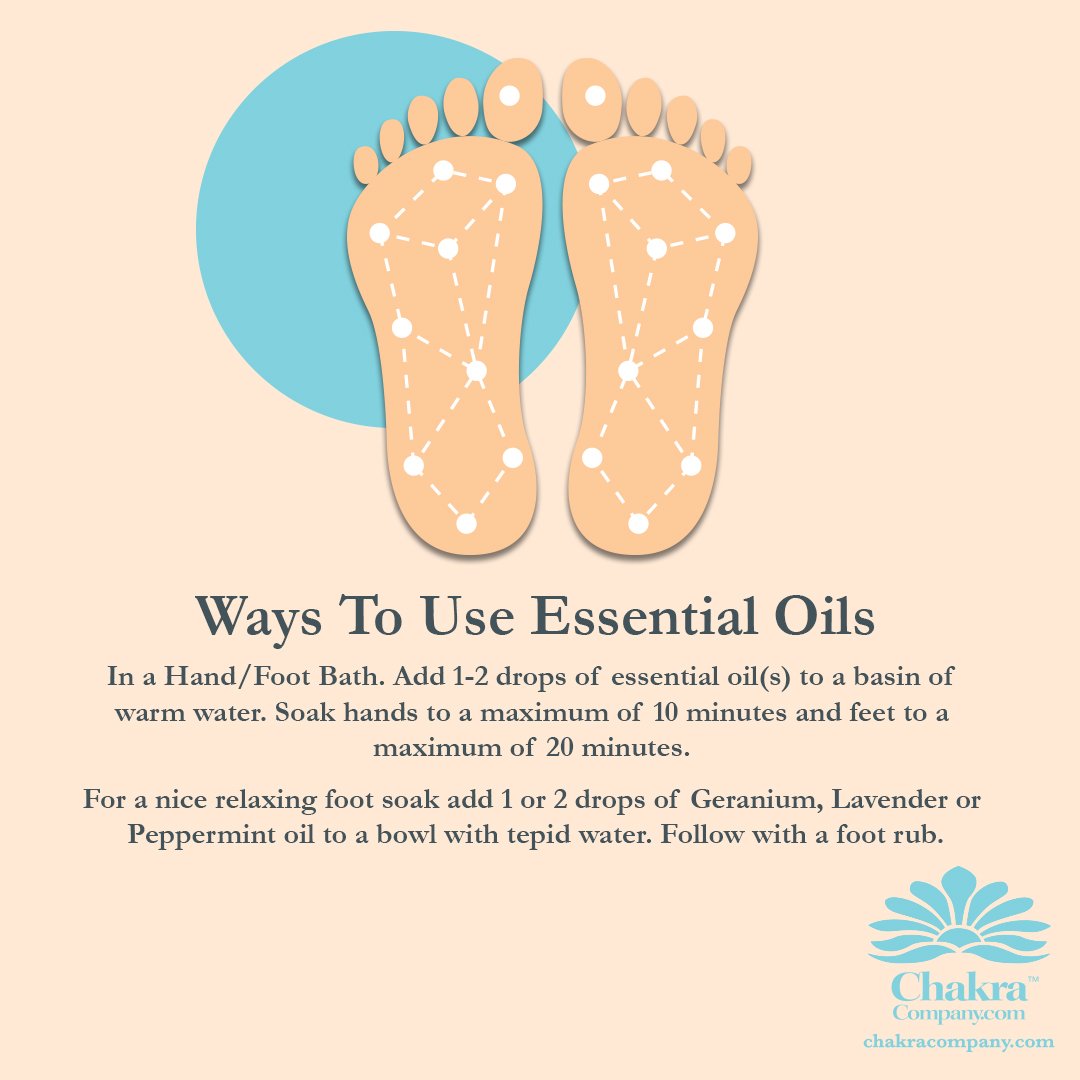 chakracomp's tweet photo. In a Hand/Foot Bath. Add 1 or 2 drops of Geranium, Lavender or Peppermint essential oil(s) to a basin of warm water. Soak hands to a maximum of 10 minutes and feet to a maximum of 20 minutes. 
Follow with a foot rub.
https://t.co/J47bQ99vdw
#chakracompany https://t.co/SGfZDyOlOR