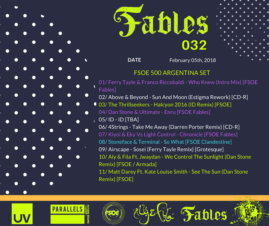 FSOEBirmingham's tweet photo. @FablesRadio Tracklist for #Fables032 w. @FerryTayle & @danstonemusic
#FSOE500ARG special.
#TranceFamily #FSOE #FSOE500 #FSOEWeekender #Trance #NewMusic #MusicMondays https://t.co/0LAlRcrm7s