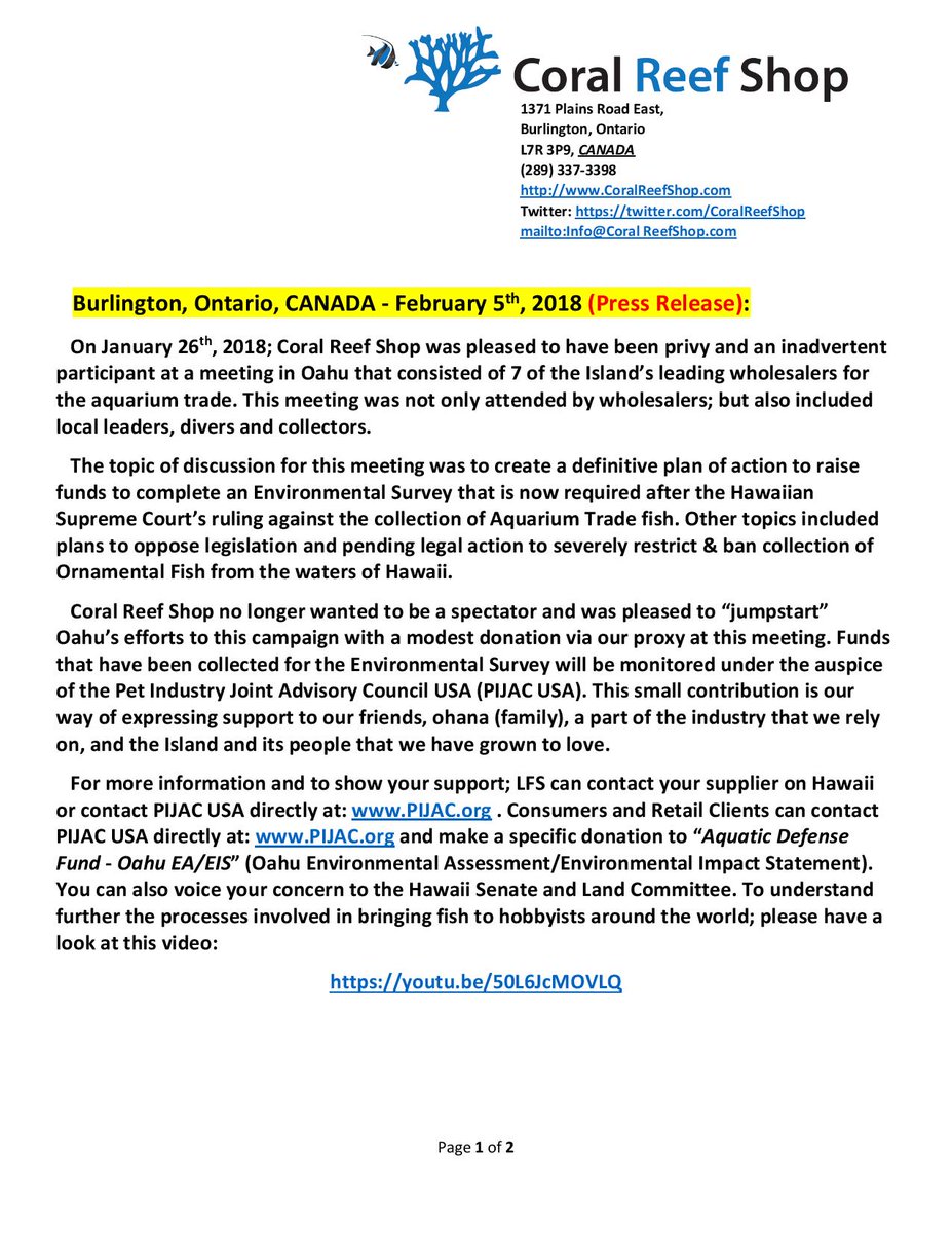 CoralReefShop's tweet photo. @CoralReefShop is pleased to assist &amp; support our Friends &amp; Ohana (family) in Hawaii to oppose recent restrictions against aquarium fish collection. Please see attached letter &amp; links for more info:

https://t.co/DxuzvEqk5D

https://t.co/9vDoXr30Lg 

@PIJAC4PETS, #Hawaii, #SB2003 https://t.co/XYJ39glJIn
