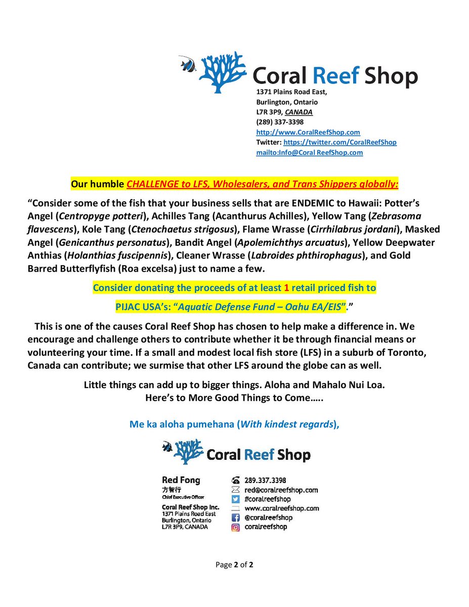CoralReefShop's tweet photo. @CoralReefShop is pleased to assist &amp; support our Friends &amp; Ohana (family) in Hawaii to oppose recent restrictions against aquarium fish collection. Please see attached letter &amp; links for more info:

https://t.co/DxuzvEqk5D

https://t.co/9vDoXr30Lg 

@PIJAC4PETS, #Hawaii, #SB2003 https://t.co/XYJ39glJIn