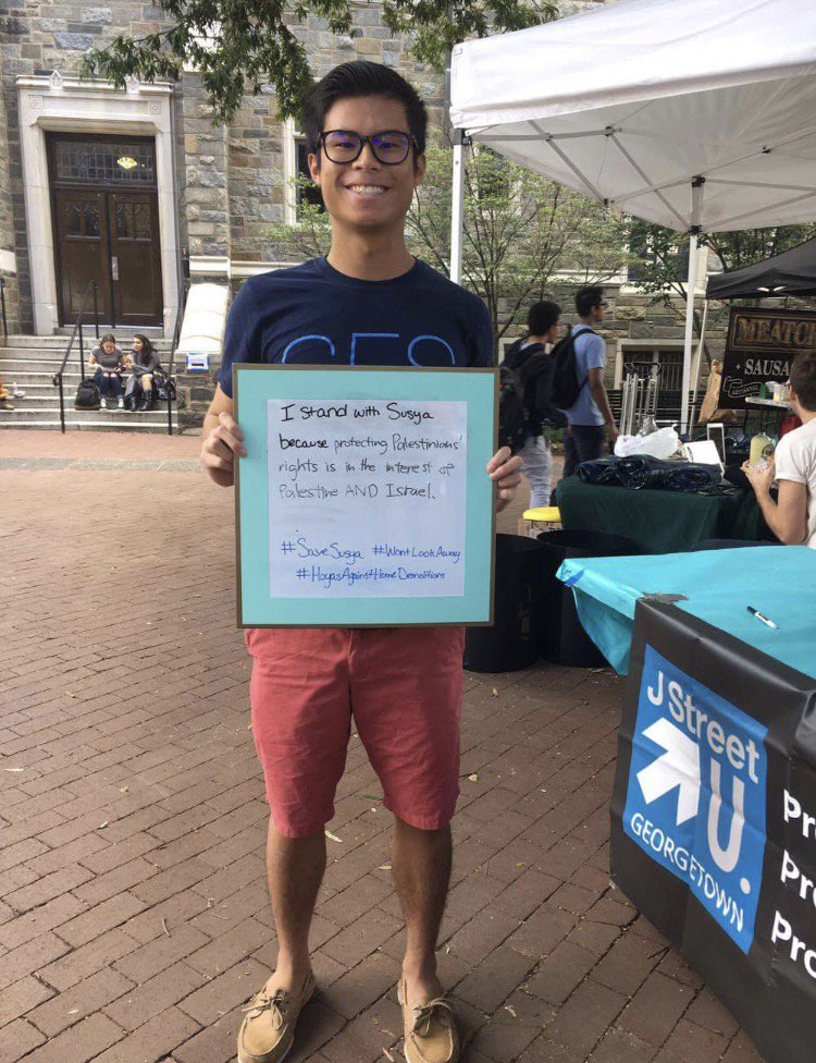 JStreetUGtown's tweet photo. Georgetown students #wontlookaway while groups like the Central Fund of Israel and Regavim advocate for the demolition of villages and increased settlement expansion.  #StopDemolitionsBuildPeace https://t.co/TGaOXuuNib