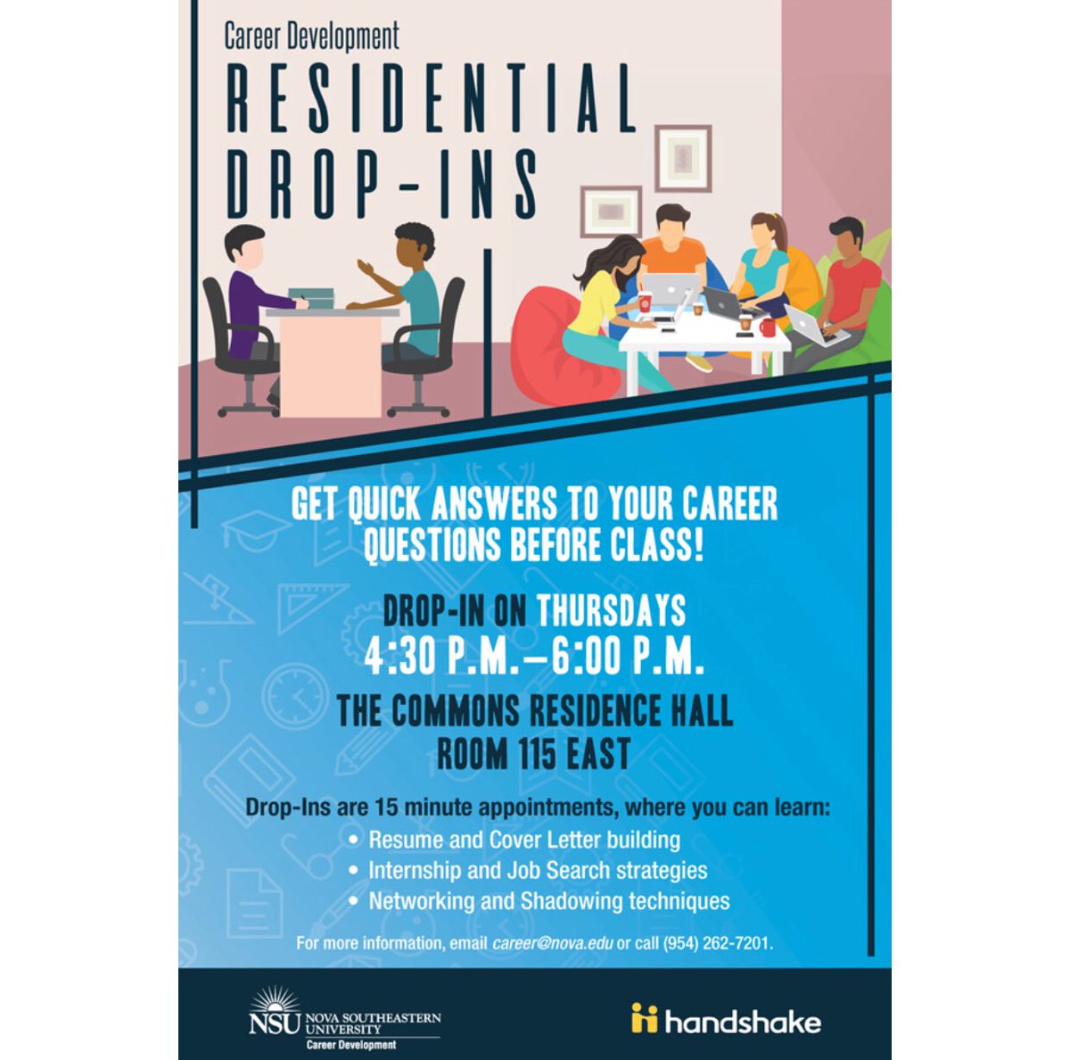 NSU_Career's tweet photo. Starting next Thursday, you no longer have to walk to Horvitz for a Career Advising Drop-In! Stop by Commons 115 for a 15 minute drop-in with career advisors on Thursdays from 4:30 p.m.-6:30 p.m.! https://t.co/bQGLK2rBPX