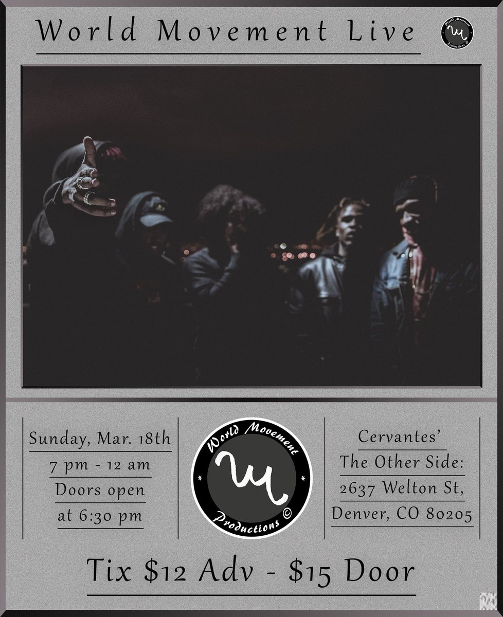 LORENYX_'s tweet photo. March 18th Catch the Whole Squad at Cervantes Other Side!
Tickets Available Now!
ππ
π₯β« | π€π₯ | πΉπ’ | πΊπ¨ | ππ | πβ‘
#WorldMovement #ODSWM #MastaPharaoh #FuegoFlames #CarlManderin #KiloTheWolf #HolyGod #RocSteady #WorldMovementProductions #Show #Live #rap #hiphop #punk https://t.co/FTi5Zjmq4B