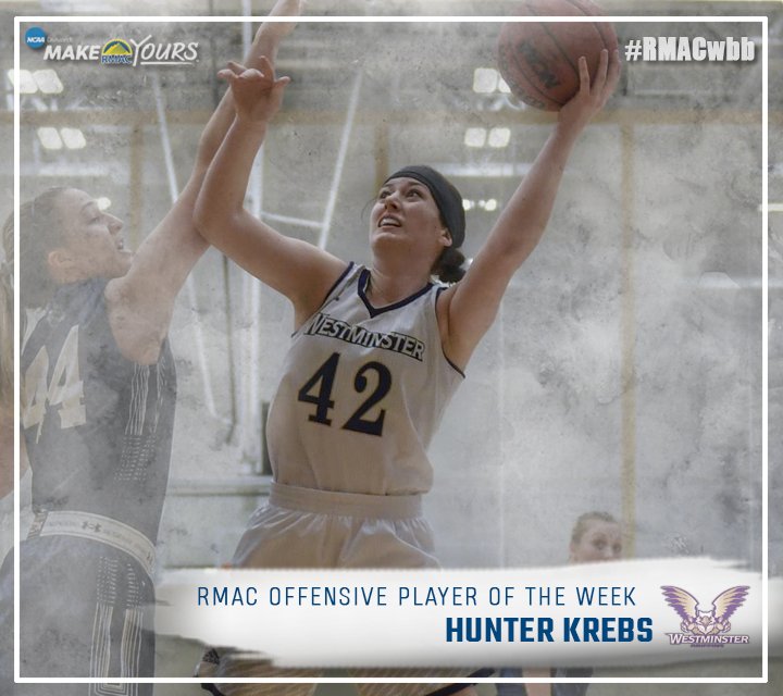 RMAC_SPORTS's tweet photo. This week's #RMACwbb Offensive POTW is Hunter Krebs of @wc_griffins! Krebs scored 49 points over the weekend, going 18-27 from the field, 3-5 from beyond the arc, and 10-12 from the free throw line. She grabbed 15 rebounds and dished out an assist, as well. #EverythingElevated https://t.co/I8wbxRyyTj