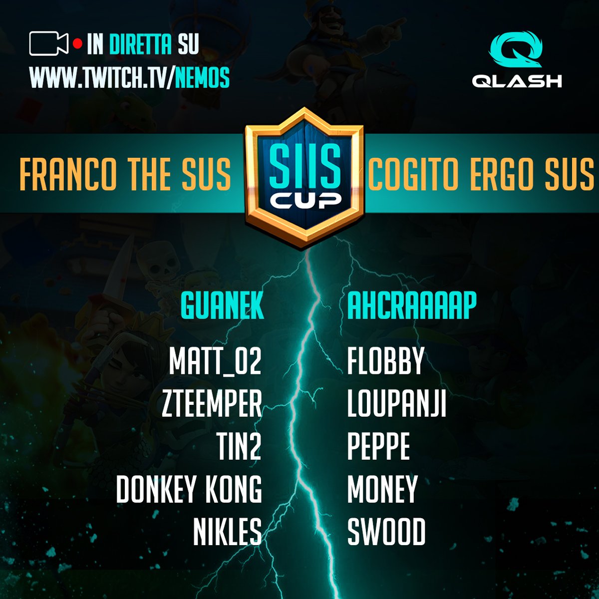 ClashRoyaleIT's tweet photo. Lo scontro più importante di tutti è arrivato! FINALISSIMA #SUSCup LIVE! 💪 Con @nemos_twitch al commento per questo ultimo, GRANDE APPUNTAMENTO dell'e-Sports! Chi vincerà?
🔴 IN DIRETTA su: https://t.co/KYiu8l4KYx https://t.co/BMtmWaMhd9