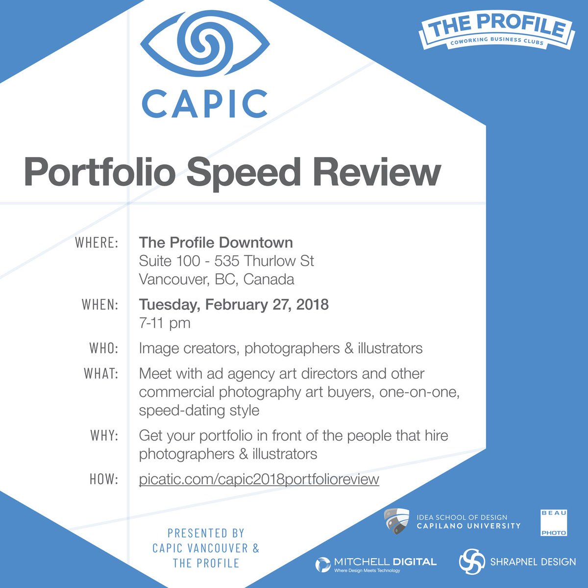 capicvancouver's tweet photo. A reminder our Portfolio Speed Review event is coming up!  Tickets available at https://t.co/Pb3RpTEgVU https://t.co/YYAfe5PYvl