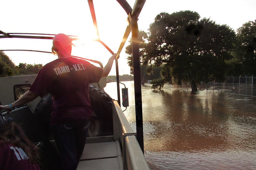 Person in a maroon shirt riding a boat through a flooded street