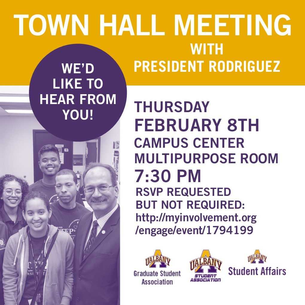 UAlbanyGo's tweet photo. As part of his Listening and Learning Tour, @ualbany President Havidán Rodríguez invites you on FEBRUARY 8th to his TOWN HALL MEETING! NO RSVP required, although highly recommended! Come share your thoughts and opinions and listen to the wants and needs of your Campus Community! https://t.co/gAegfo8IM4