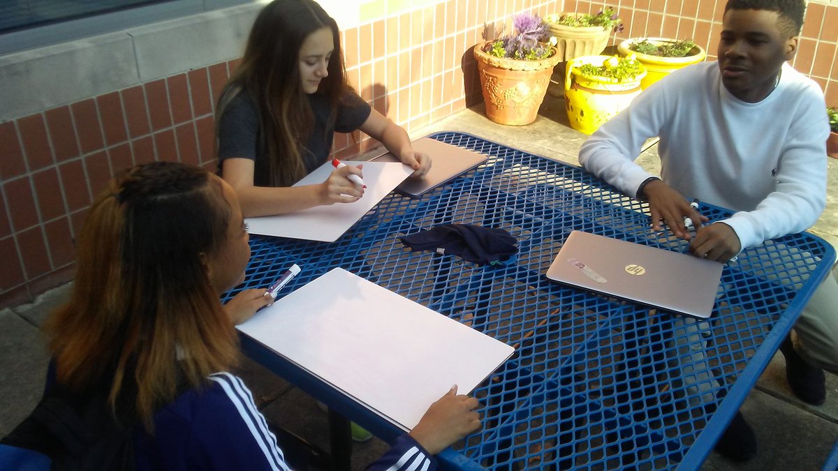 ncseatech's tweet photo. Outside space not just for eating.  Its a classroom too.  It's February and we are teaching math concepts outside.  #southeasternnc @edieskip https://t.co/kVvNs2FgAG