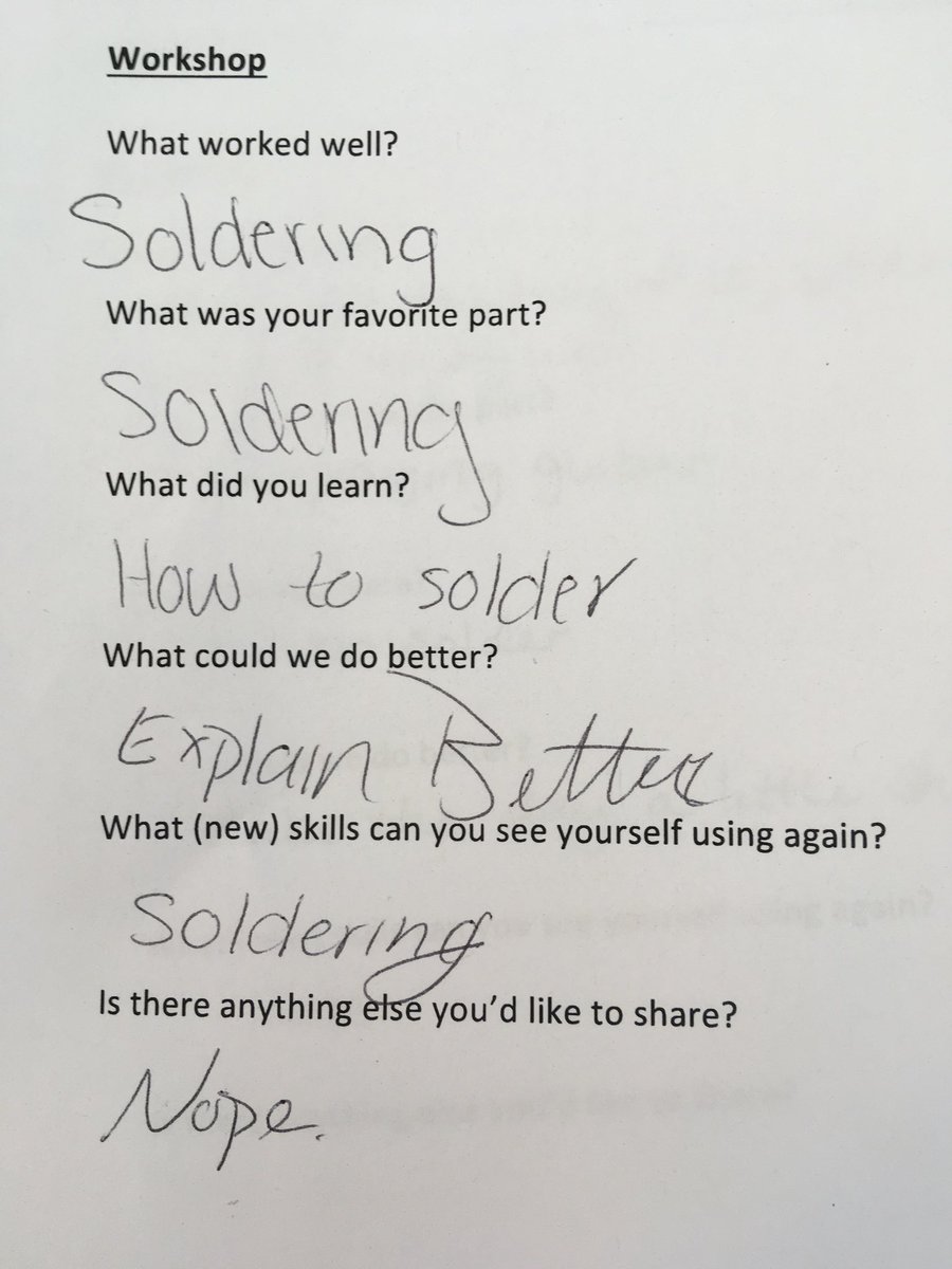 GirlsWhoBuild's tweet photo. The biggest takeaway from the music tech workshop...girls love soldering! A brief summary of the girls feedback: 😂 @MakerEdOrg @techwillsaveus https://t.co/vcP8OQi58Z