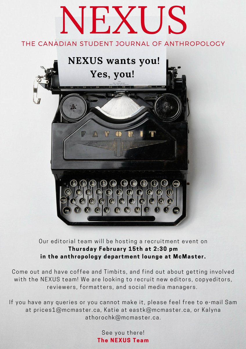 NEXUS_McMaster's tweet photo. We want you! Yes, you! Join the NEXUS team and gain experience working for a peer-reviewed journal! More info below. @AnthroMac 💡✏️ https://t.co/oXMzxHLJ6f