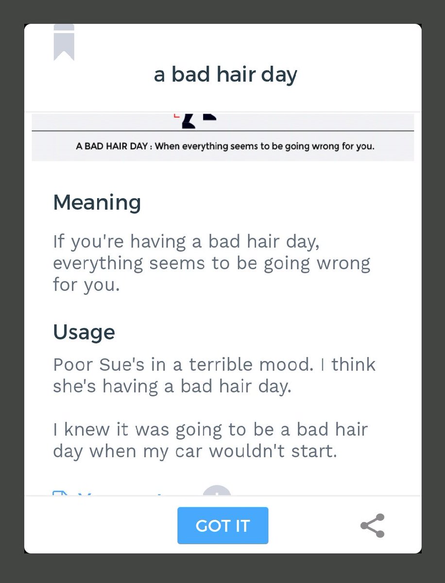 rmlopezcar's tweet photo. #Knudge.me app Discovery new #Idioms #English ▶️"A bad hair day"  https://t.co/cQbWzDKQxw https://t.co/ZK9NLGixkq