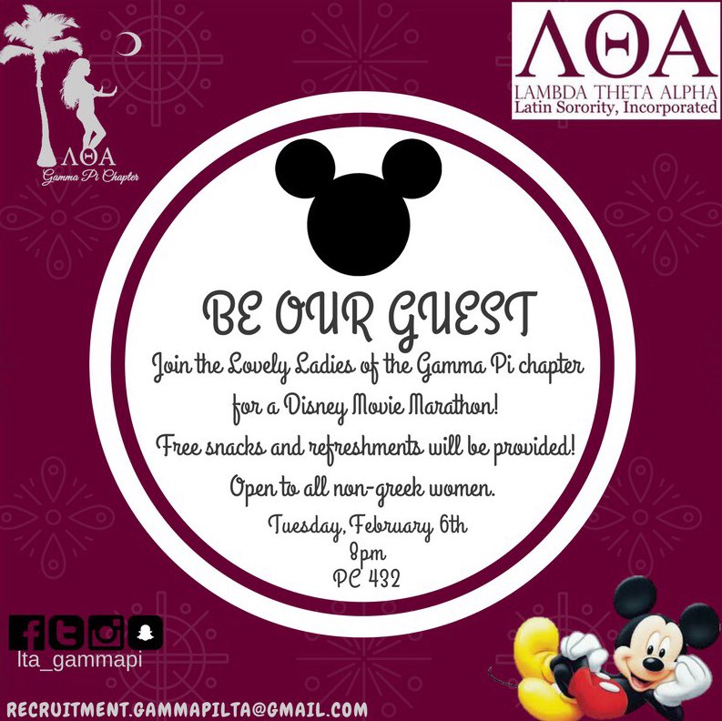 Be our guest! Come out TOMORROW for a night full of your favorite Disney classics 🎬while enjoying some free snacks and refreshments🍿🍪🥤 See you at PC 432 @ 8 P.M. !