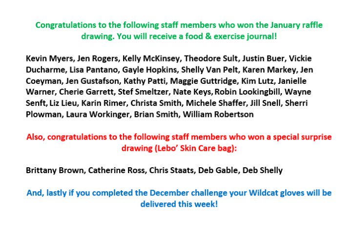 DASD_Wellness's tweet photo. Congratulations to the following staff members who won the January raffle drawing! https://t.co/ZyrQ4fgbDC