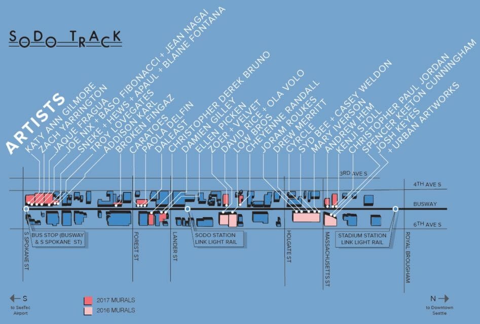 SODOBizNews's tweet photo. Were you ever curious about the people behind all those amazing murals in SoDo? If so, check out this map highlighting all those who contributed to the public art along the #SODOtrack. @katyanngilmore @TreasonGallery @_cyrcle @themaryi & many more https://t.co/oXm4s4NzSZ