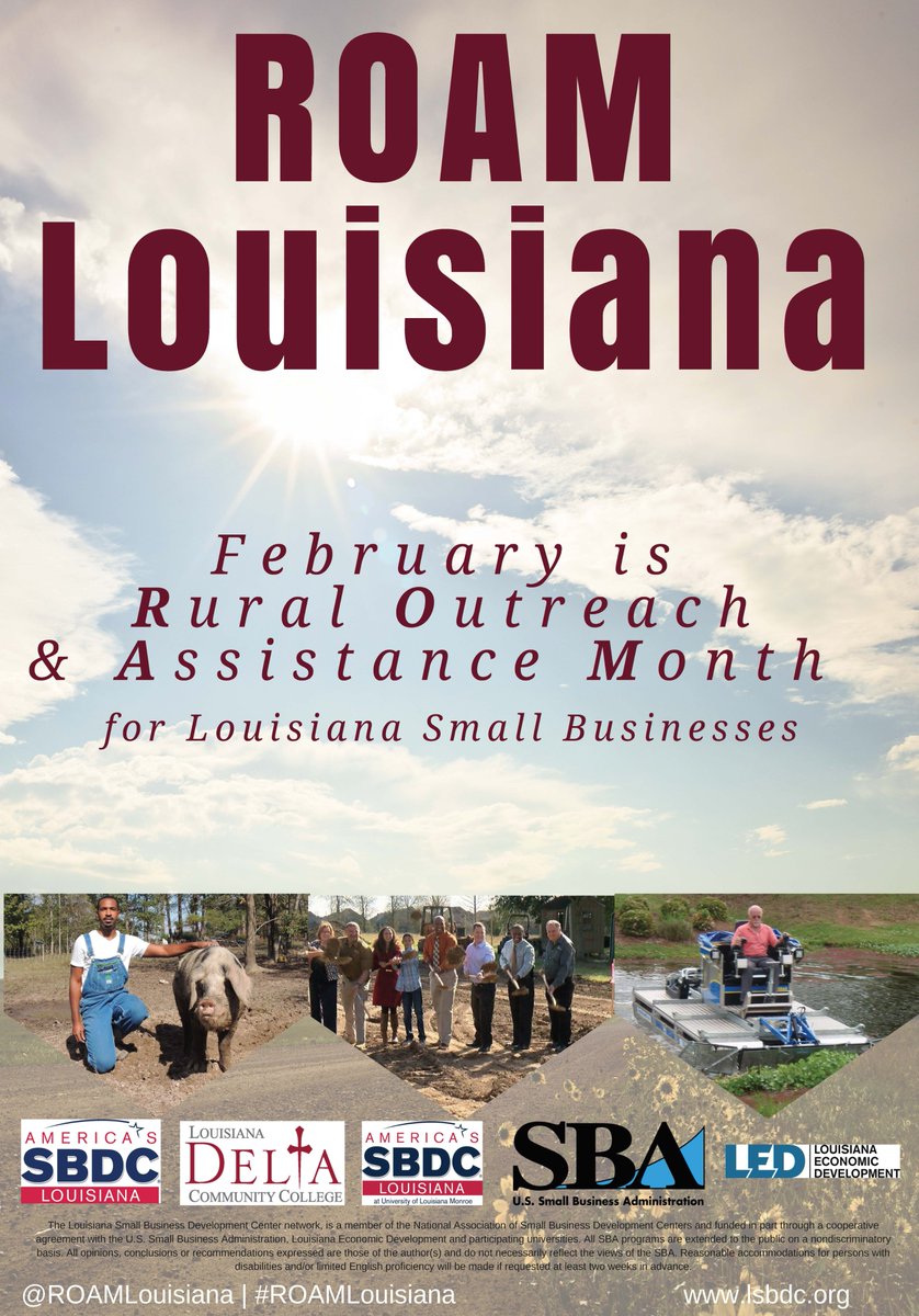 ROAMLouisiana's tweet photo. Register now for the #ROAMLouisiana workshop collaborated by @LSBDCULM and @LADeltaCC #LSBDC #RuralAmerica #RuralLouisiana https://t.co/AgWJ7kjWFL