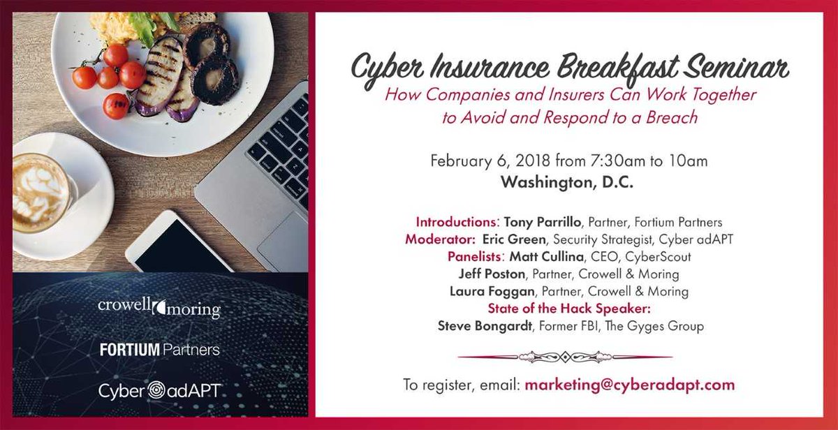 Hello, DC! We're looking forward to a cyber insurance deep dive over breakfast tomorrow morning with <a href="/fortiumpartners/">Fortium Partners</a> and #CrowellMoring at the #ArmyNavyClubDC. E-mail marketing@cyberadapt.com if you're interested in attending.