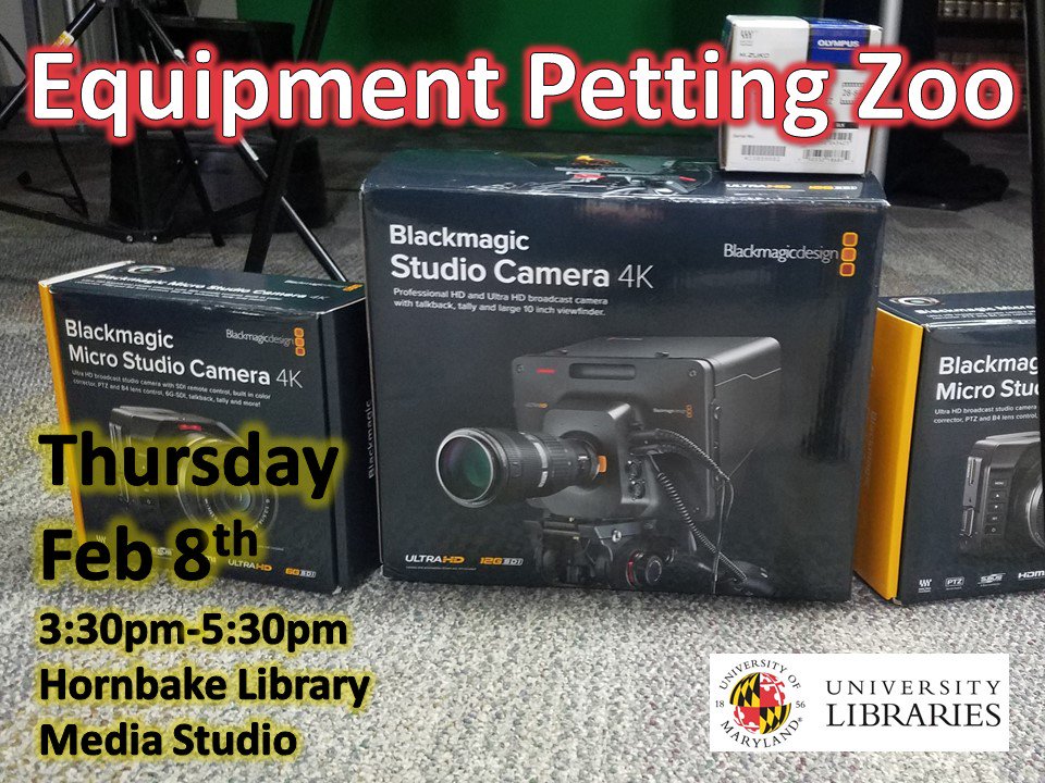 LMS_UMD's tweet photo. Equipment Petting Zoo! This Thursday the 8th from 3:30 to 5:30. Come see all the new toys we've got for video production in Hornbake. Located in the Hornbake Media Studio! https://t.co/BPQfgRbewF