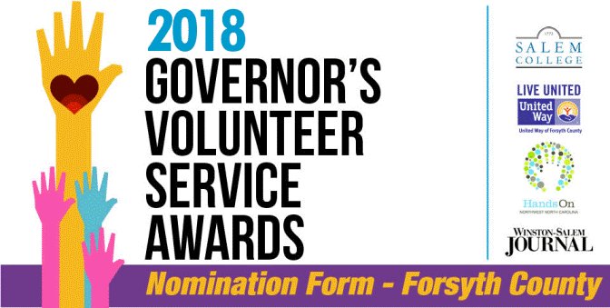 Nominate an oustanding volunteer today for the 2018 Governor's Volunteer Service Awards!  ow.ly/HR5K30i3ZAt   #wsnc <a href="/HandsOnNWNC/">HandsOn NWNC</a> @UWForsyth <a href="/SalemCollege/">Salem College</a>