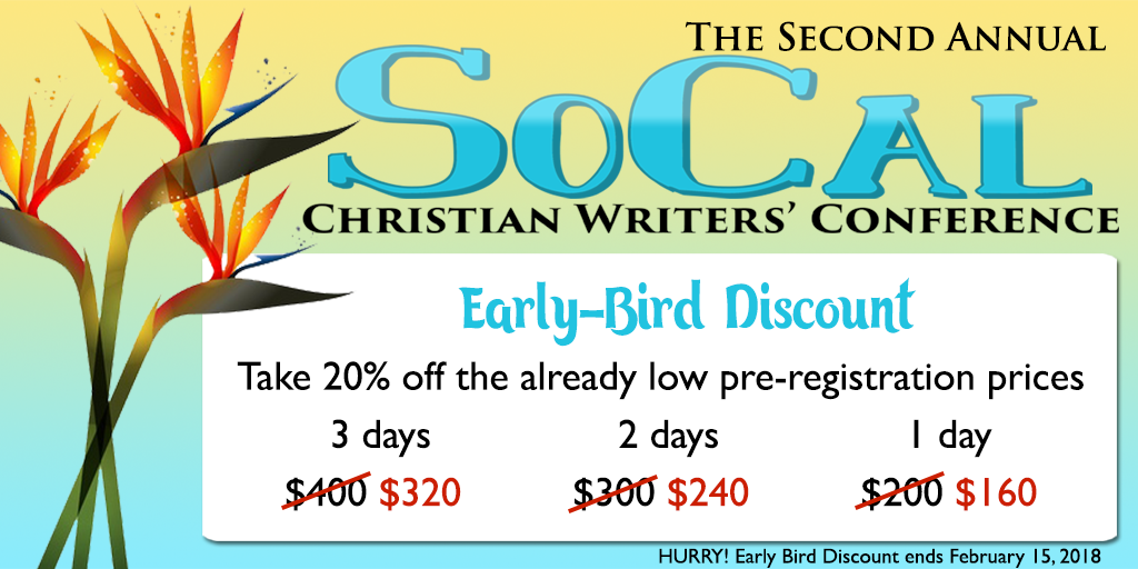 SoCalCWC's tweet photo. Calling all writers! The #earlybird #registration is open for the SoCal Christian Writers Conference! Sign up before February 15, 2018, you can receive the discount of 20% off! https://t.co/8DafpPX5kQ

#write #writer #writers #writersconference #earlybird #SoCalCWC2018 #publish https://t.co/O9CGD44Cui