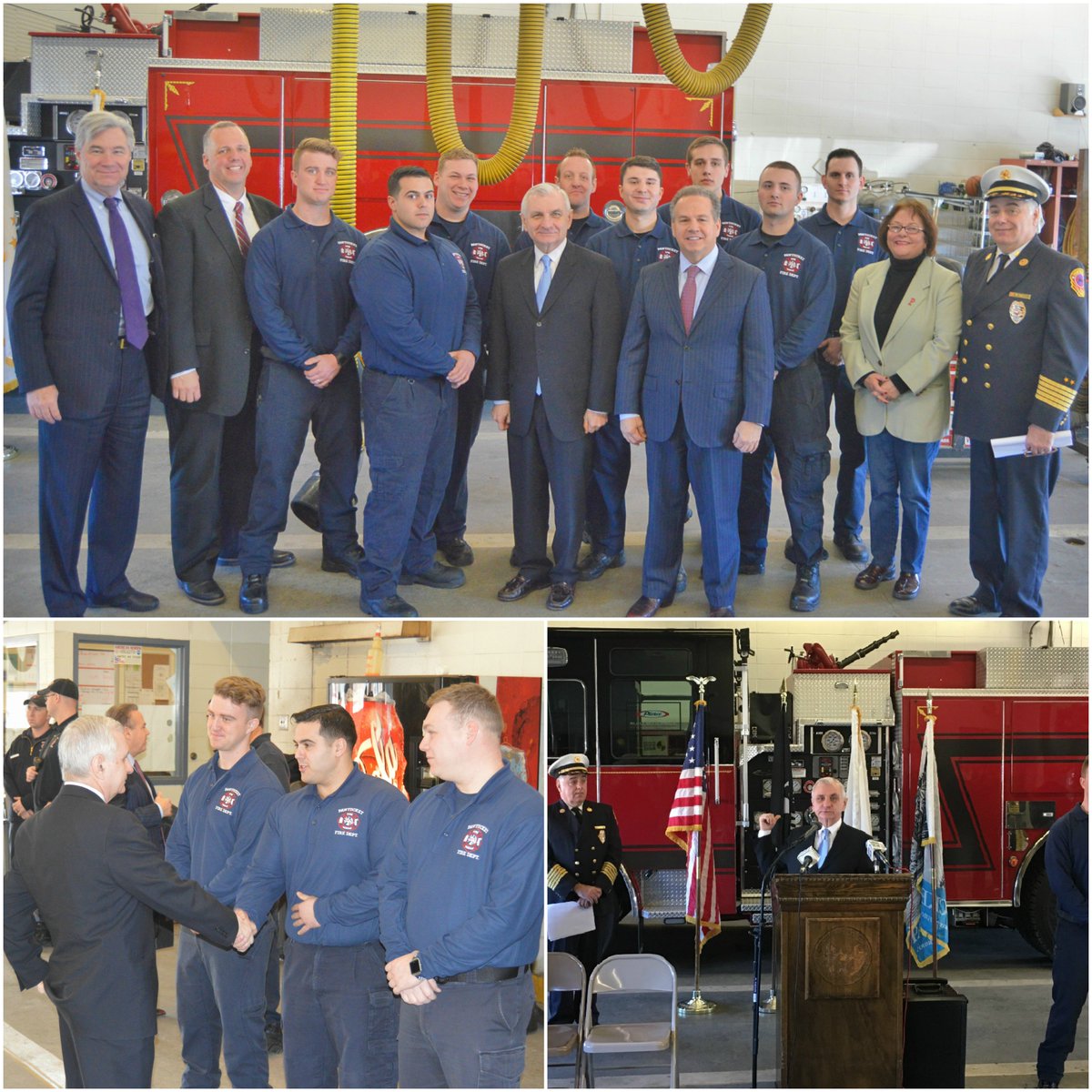 SenJackReed's tweet photo. Great to be w/ @DonGrebien @SenWhitehouse @RepCicilline &amp; Chief Sisson earlier today to help welcome candidates to the #Pawtucket Fire Dept. Proud to help secure a $2.4 million federal #SAFER grant to help @CityofPawtucket cover the cost of hiring 13 new #firefighters. https://t.co/Zhgl6mXdzq