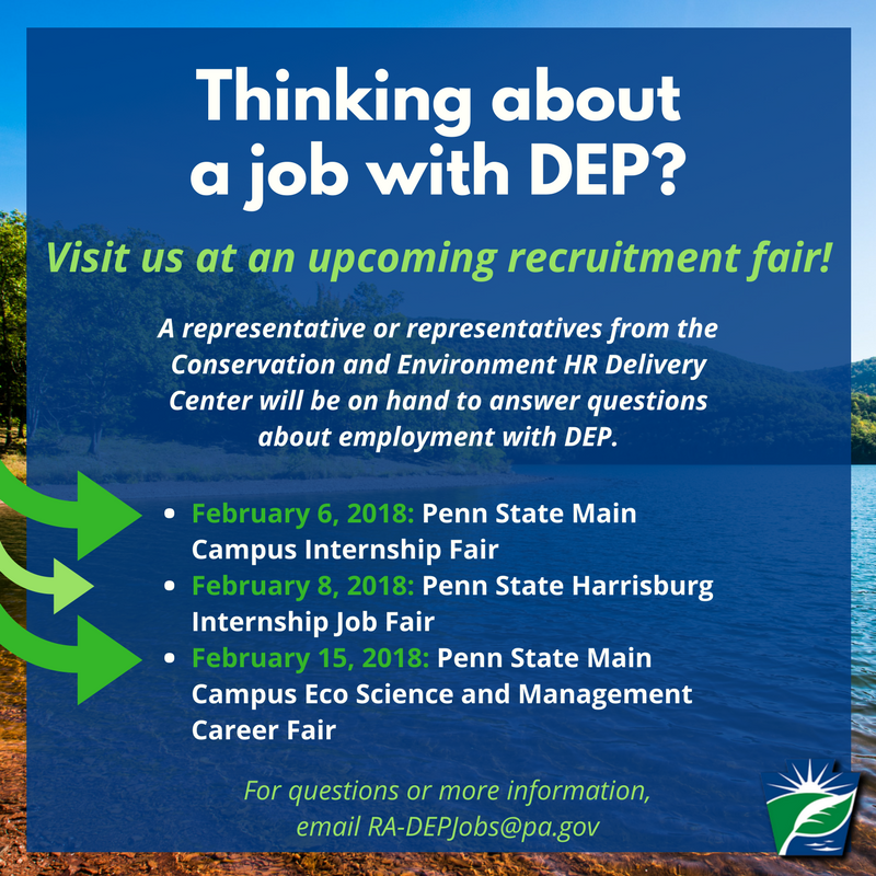 PennsylvaniaDEP's tweet photo. Thinking about a career with DEP? Have questions? Visit us at an upcoming job fair! ⬇️ https://t.co/VhYOIOGoQM