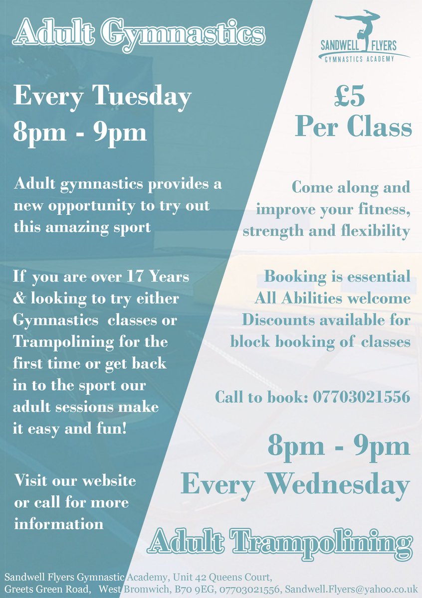 Sandwellflyers's tweet photo. Try something new, join us tomorrow and Wednesday for our adult #fitness sessions! Booking essential text Lauren 07703021556 #MondayMotivaton #newgoals #gymnastics #trampolining #getactive #westbromwich #Sandwell https://t.co/ocrU0ewC0a