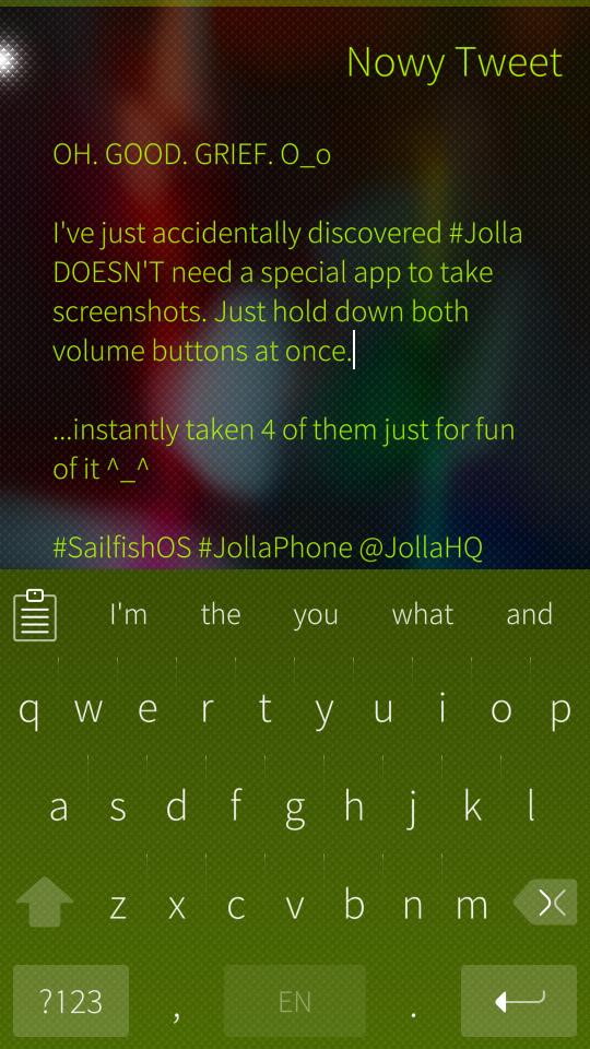duskweasel's tweet photo. OH. GOOD. GRIEF. O_o

I've just accidentally discovered #Jolla DOESN'T need a special app to take screenshots. Just hold down both volume buttons at once.

...instantly taken 4 of them just for fun of it ^_^

#SailfishOS #JollaPhone @JollaHQ https://t.co/HFuk6O5lD5
