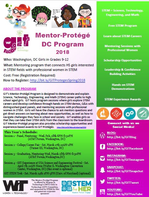 GirlsInTech_WIT's tweet photo. Calling all #DC highschool girls interested in #STEM! Apply to be a protege w/ the GIT DC Mentor Protege program. ⏩ https://t.co/9I2M1Skgjp https://t.co/2P1mW1hc4a