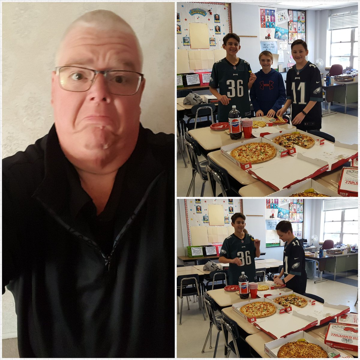 kevin_biddle's tweet photo. Made good on getting pizza for the Eagles fans in my class. #relationshipsfirst #eamsproud #NewEnglandPatriots https://t.co/GCTo3uTq5J