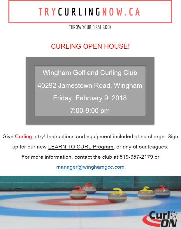Learn to Curl Open House is Friday! Come see if curling is the sport for you - all you need is a clean pair of shoes &amp; warm clothing, we'll supply the equipment. We'll explain the sport, give you a tour of our club, and let you throw some rocks! Sign up at trycurlingnow.ca