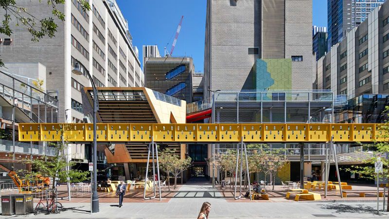 OpenHouseMelb's tweet photo. A rich melange of #architecture at @RMIT's new academic street with #LyonsArchitecture #MvSArchitects #HarrisonAndWhite @maddisonarch + #NMBWArchitectureStudio https://t.co/cJ4K0PiVo3 @brisbanetimes https://t.co/wKyiZZBl5m