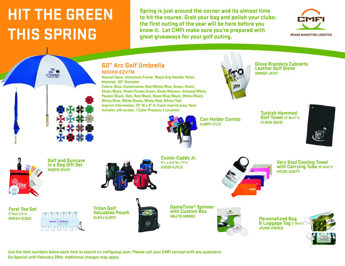 cmfigroup's tweet photo. Spring is just around the corner, &amp; it's almost time to hit the course. Grab your bag, &amp; polish your clubs; the 1st outing of the year will be here before you know it. Let CMFI make sure you’re prepared with great #giveaways for your #golf outing. #promotionalproducts #marketing https://t.co/Da6iIRl9se